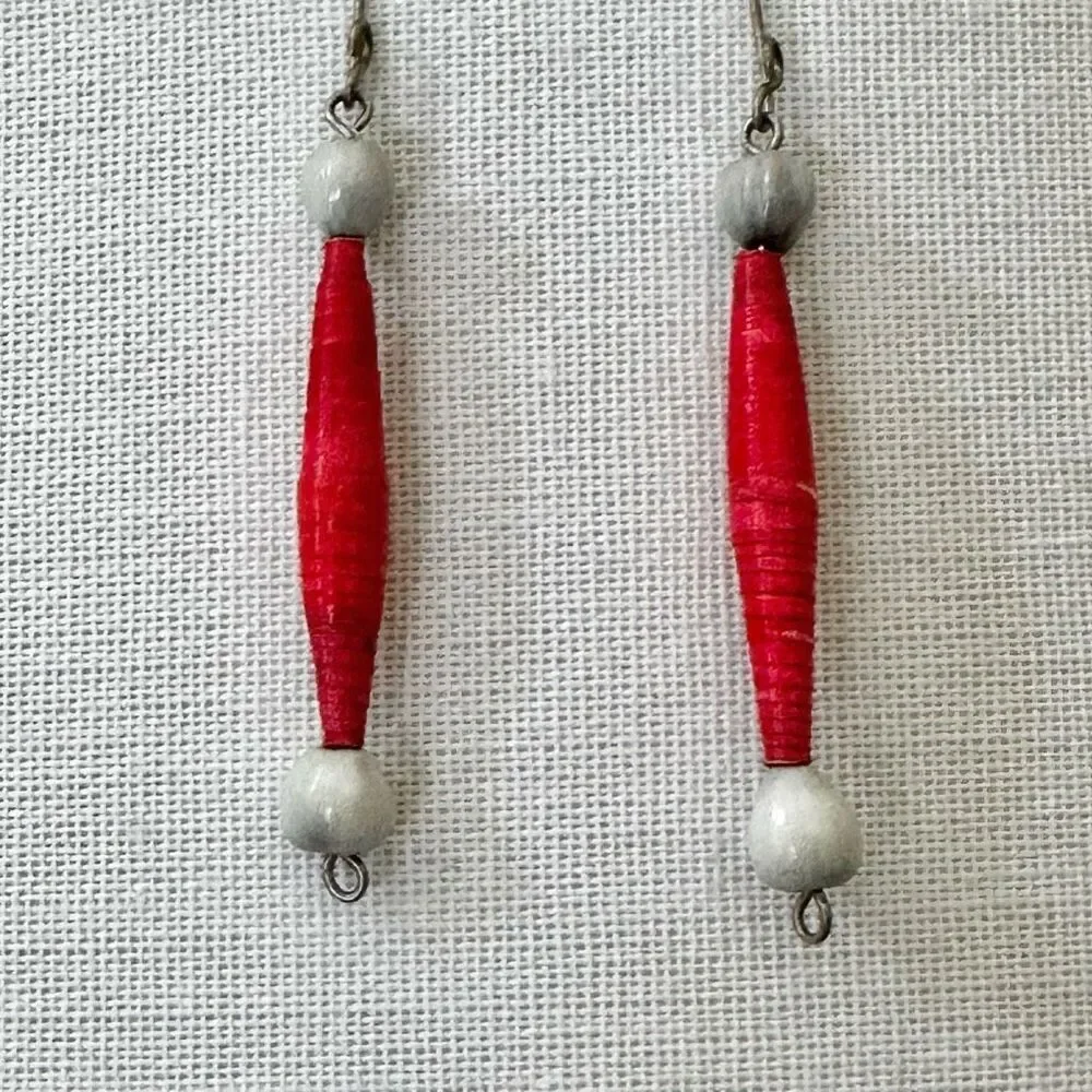 red and white paper and seed beaded earrings
